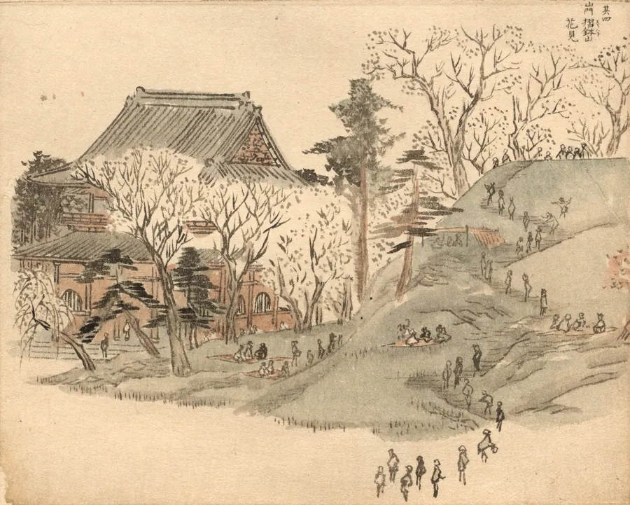Cherry Blossom Viewing at the Temple on Mt. Suribachi after a Design in Volume 5 of Picture Book of the Souvenirs of Edo (Ehon Edo miyage) by Utagawa Hiroshige