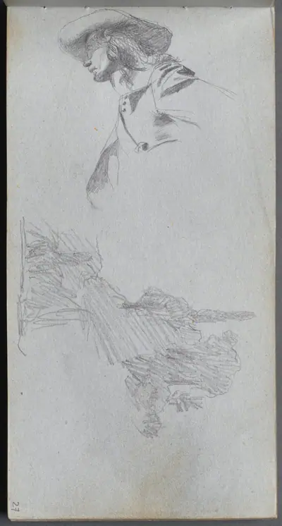 Sketchbook, page 27: Detail Study for "On a Terrace" and Landscape Study