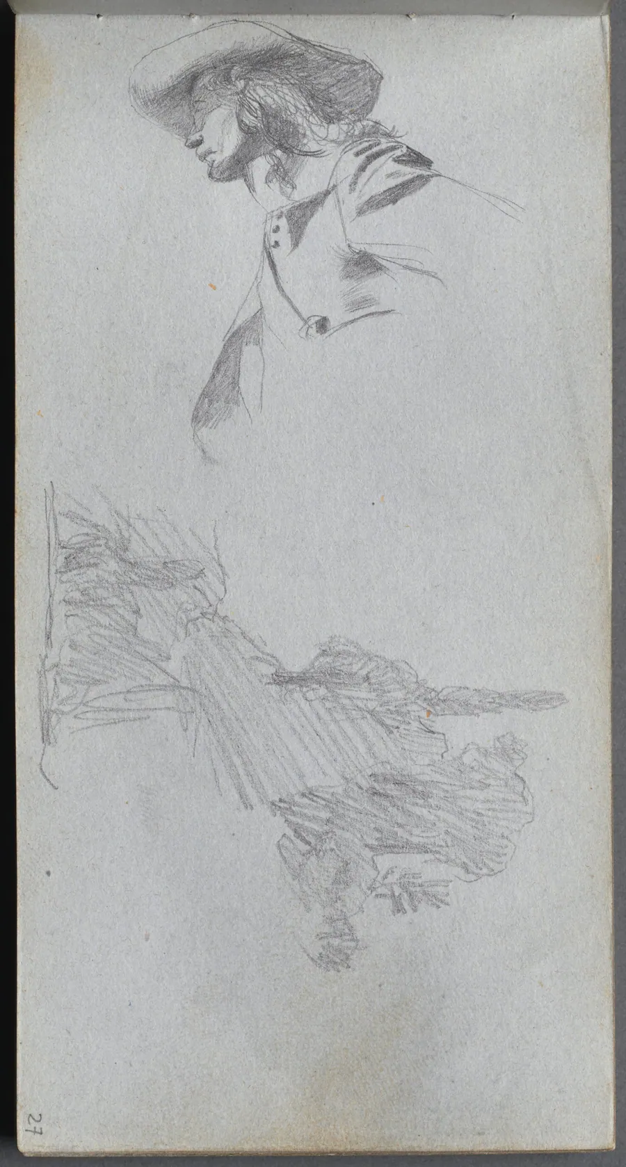 Sketchbook, page 27: Detail Study for "On a Terrace" and Landscape Study by Ernest Meissonier