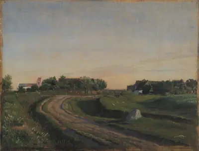 Vejby med kirken set fra nord. Aftenbelysning