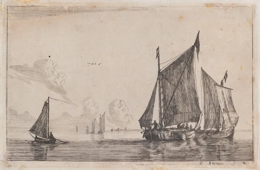 Three Sailing Vessels on Calm Waters by Reinier Nooms, called Zeeman