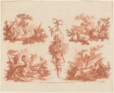 Two Pastoral Vignettes, Two Hunting Vignettes, and a Trophy