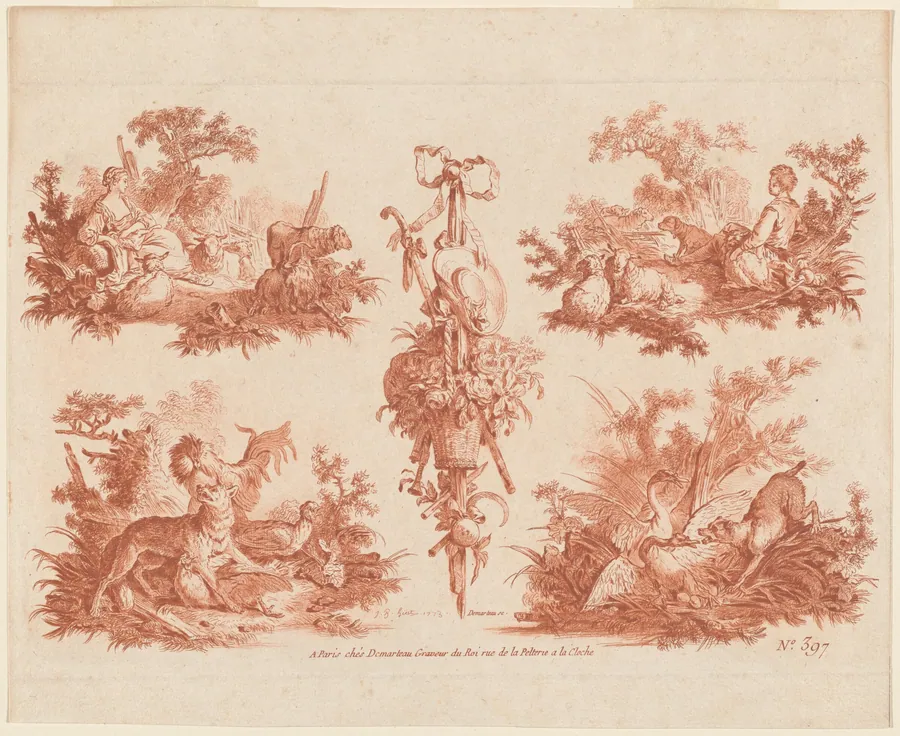Two Pastoral Vignettes, Two Hunting Vignettes, and a Trophy by Jean-Baptiste Hüet