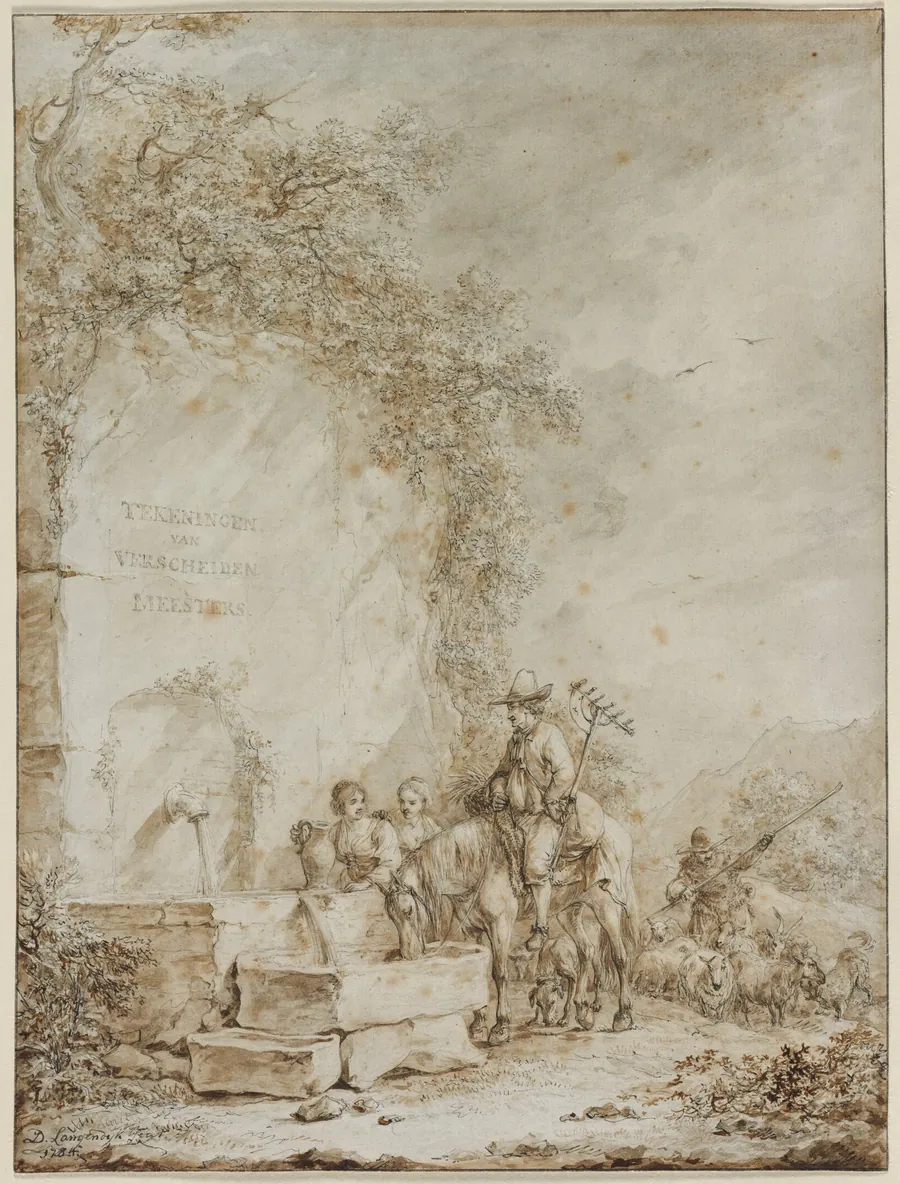 Frontispiece for an Album of Drawings: Peasants at a Fountain (recto) by Dirk Langendijk