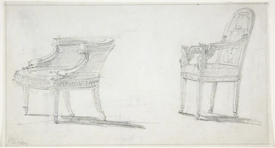 Studies for Two Armchairs (recto); sketches for Three Chairs and Parts of a Fourth (verso) by Charles Percier