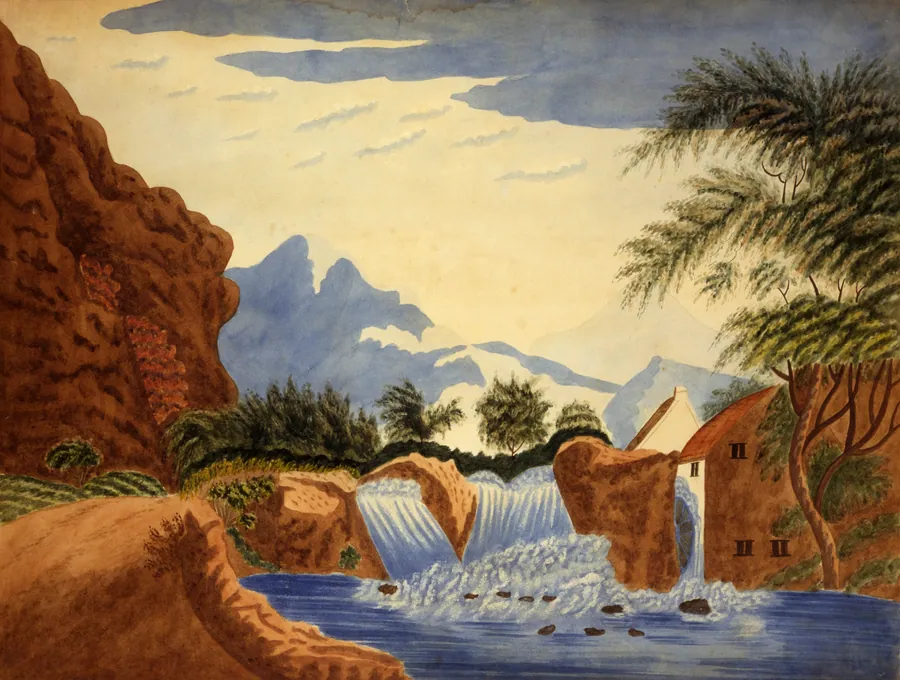 Mountain Scene and Waterwheel by Unidentified