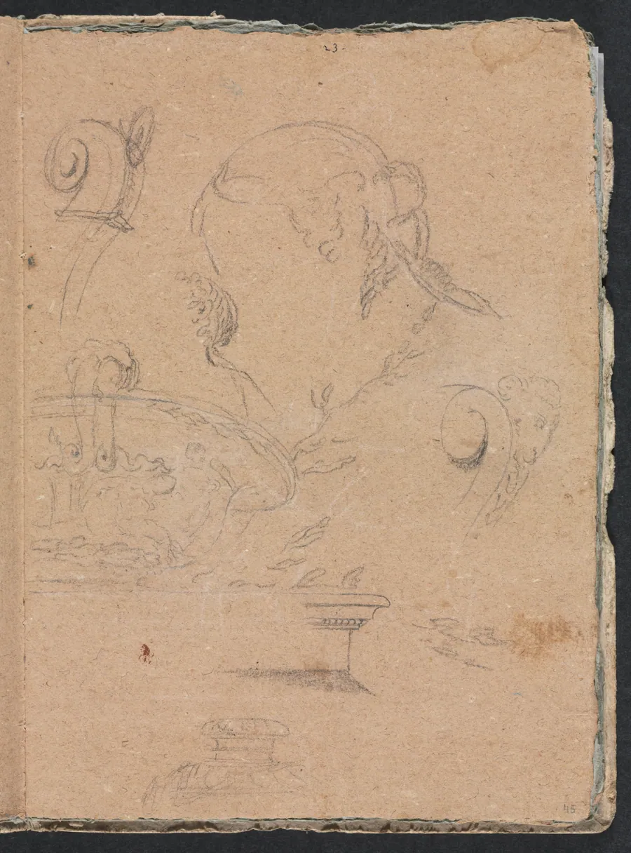 Verona Sketchbook: Architectural motifs with female head (page 45) by Francesco Lorenzi