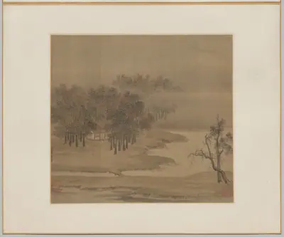 Cottages in a Misty Grove in Autumn