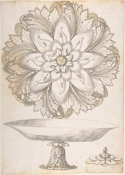 Design for Single Footed Dish with Cover Shaped like Flower and Foliage