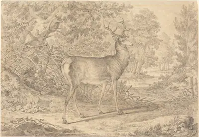 A Splendid Young Stag before a Wattle Fence