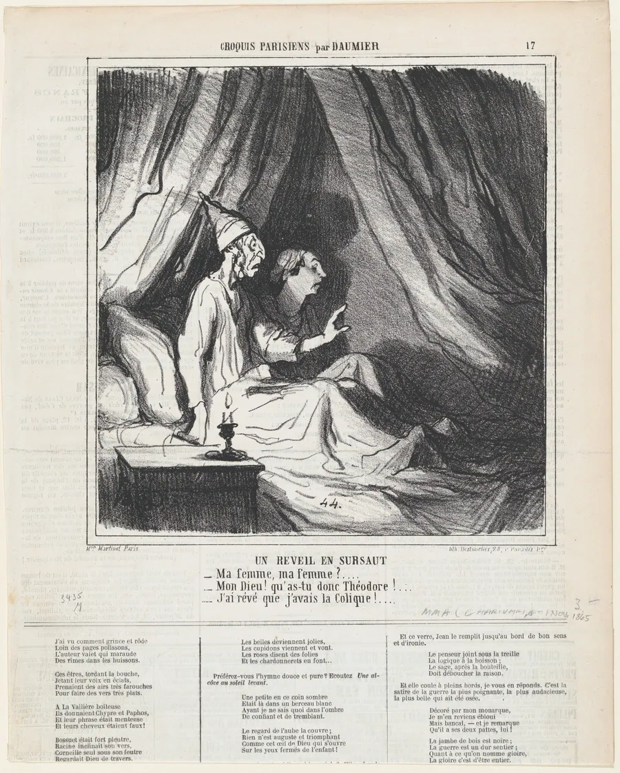 A sudden awakening, from 'Parisian sketches,' published in Le Charivari, November 1, 1865 by Aaron Martinet