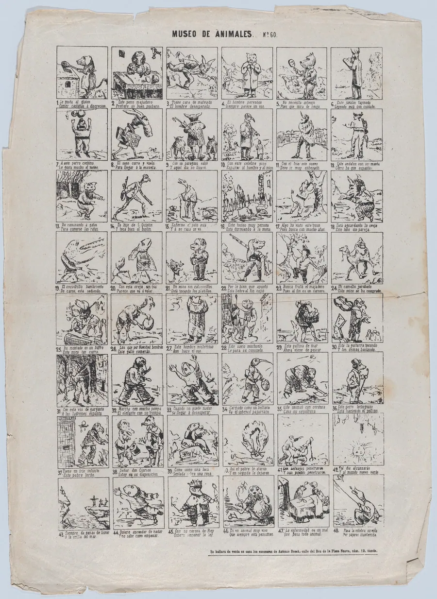 Broadside with 48 scenes of the museum of animals by Antonio Bosch