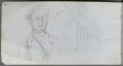 Sketchbook, page 99: Study of Figure, Building