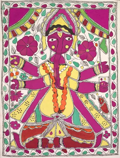 Large, multi-armed figure facing out