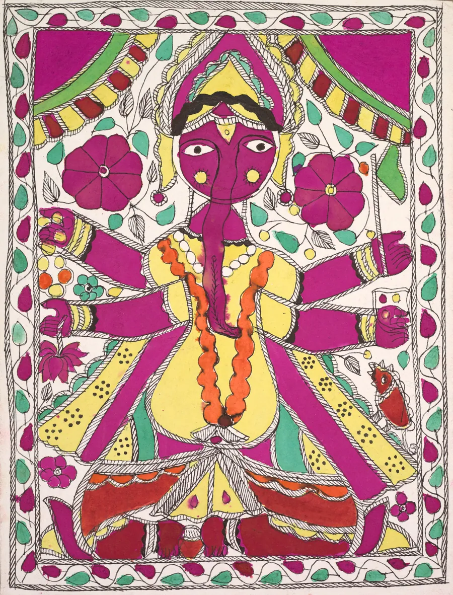 Large, multi-armed figure facing out