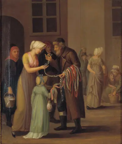 Gadescene i København ved år 1800. Piskebåndsjøden sælger en knipling til en ung pige