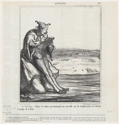 The Charivari. Forced to draw a new map of an area now used for manoeuvres, which used to be the location of the "Temple of Peace," from 'News of the day,' published in Le Charivari, November 26, 1867