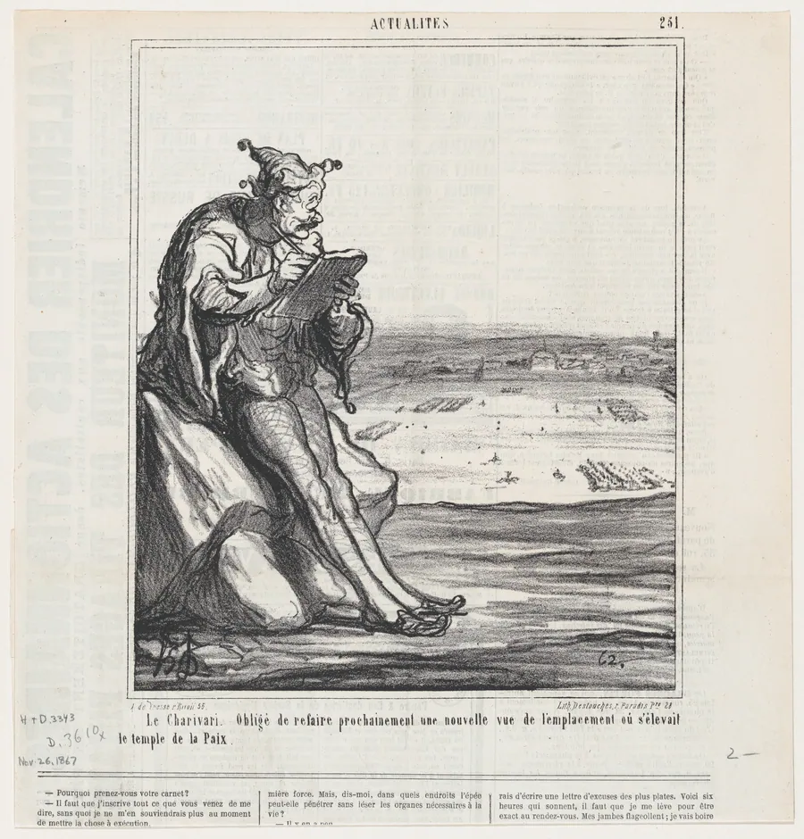 The Charivari. Forced to draw a new map of an area now used for manoeuvres, which used to be the location of the "Temple of Peace," from 'News of the day,' published in Le Charivari, November 26, 1867 by Honoré Daumier