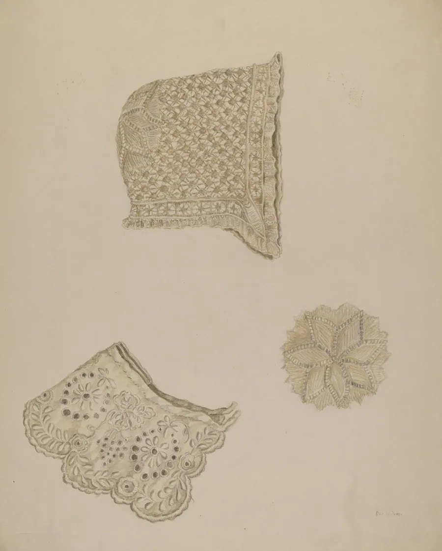 Baby's Cap, Detail of Top, and Embroidered Collar by Eva Wilson