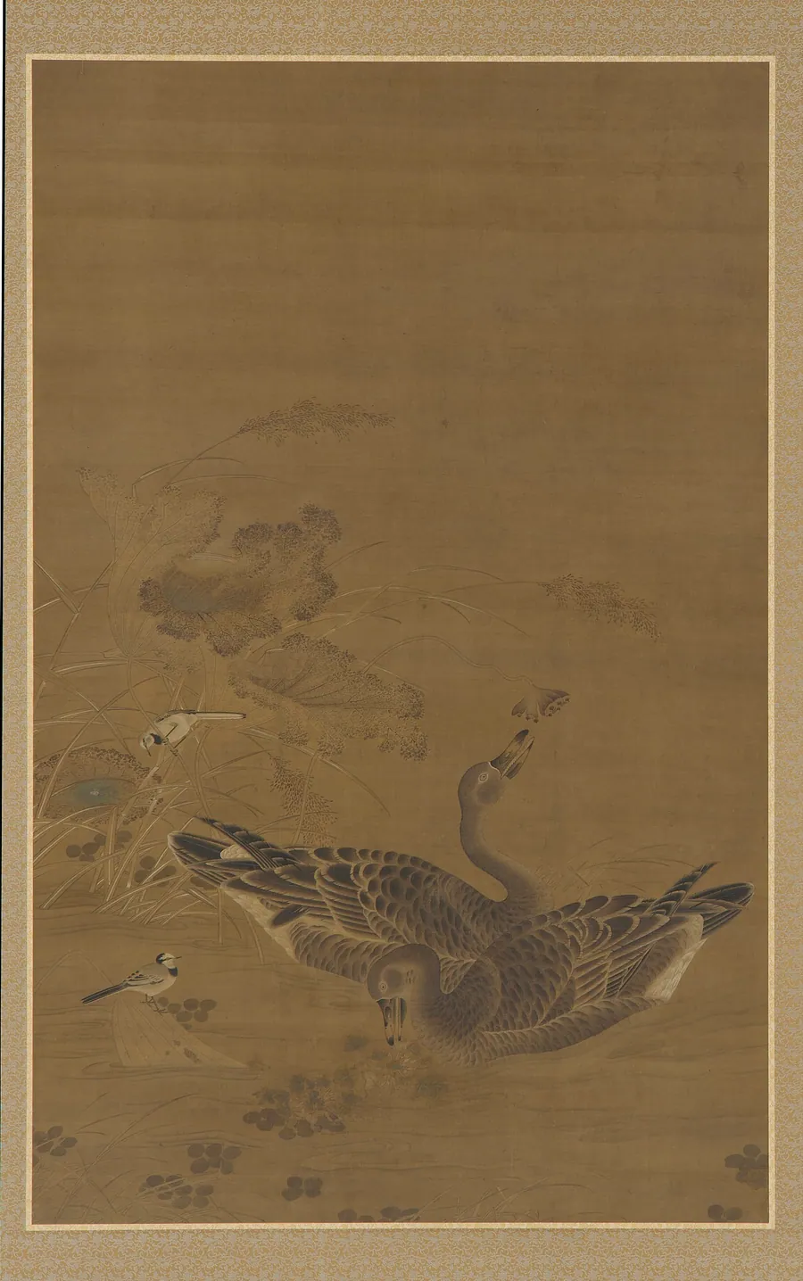 Two geese feeding in a lotus pond by Traditionally attributed to Qian Xuan 錢選 (late 13th century)