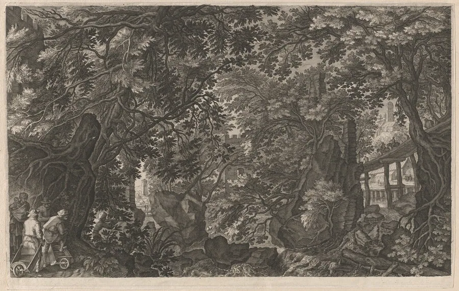 Hunters in a Forest near a Wooden Bridge by Aegidius Sadeler II