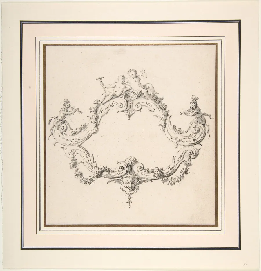 Design for a Rococo Cartouche with Putti and Monkeys by Clément Pierre Marillier