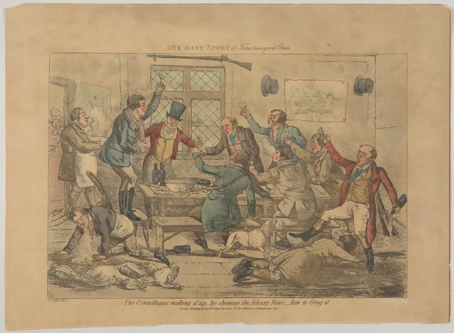 One Days Sport of Three Real Good Ones. The Corinthians making it up...by showing the Johnny Raws how to Grog it by Henry Thomas Alken