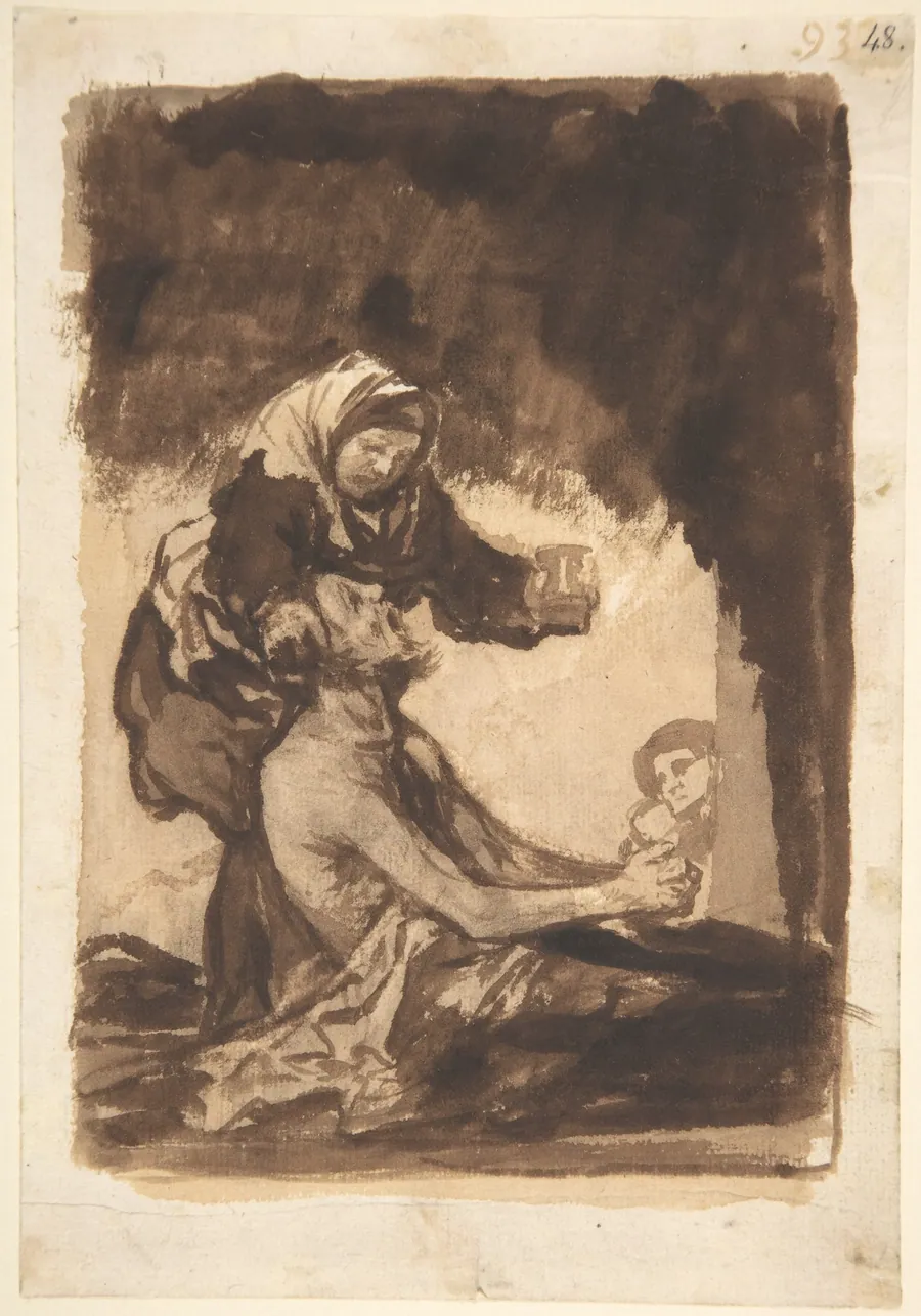 A woman giving a mug to an old man; folio 93 from the 'Images of Spain' Album (F) by Goya (Francisco de Goya y Lucientes)