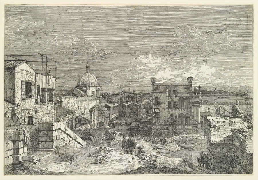 Imaginary View of Venice, houses at left with figures on terraces, a domed church at center in the background, boats and boat-sheds below, and a seated man observing from a wall at right in the foreground, from 'Views' (Vedute altre prese da i luoghi altre ideate da Antonio Canal) by Joseph Smith