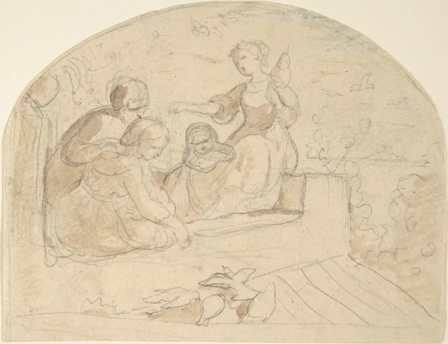 Three Women and a Child on a Roof by Adrian Ludwig Richter