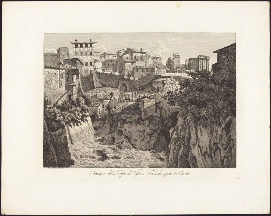 Situatione del Tempio di Vesta a Tivoli, dirimpetto la Cascata by Albert Christoph Dies