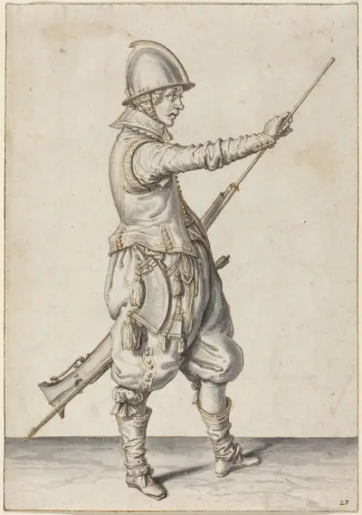 Elegantly Dressed Soldier Tamping His Caliver