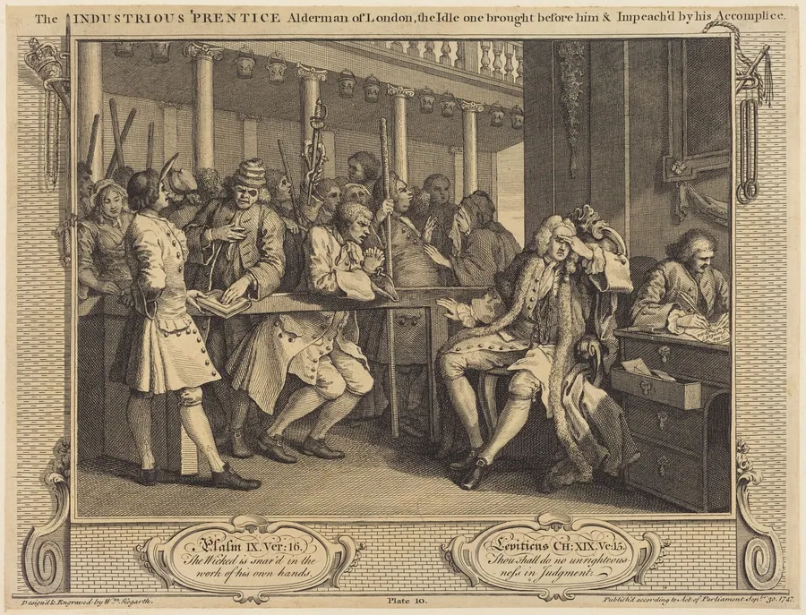 The Industrious 'Prentice Alderman of London,the Idle one brought before him & impea ch'd by his Accomplice by William Hogarth