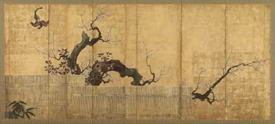 Blossoming Plum and Camellia in a Garden Landscape