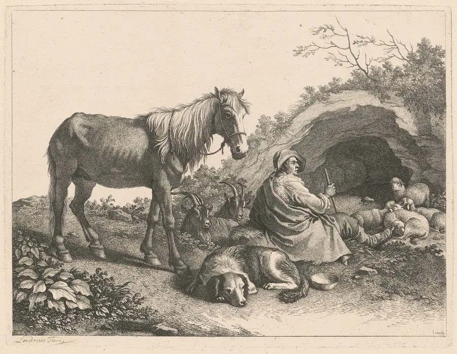 Seated Shepherd with Horse, Dog, Goats and Sheep by Francesco Londonio