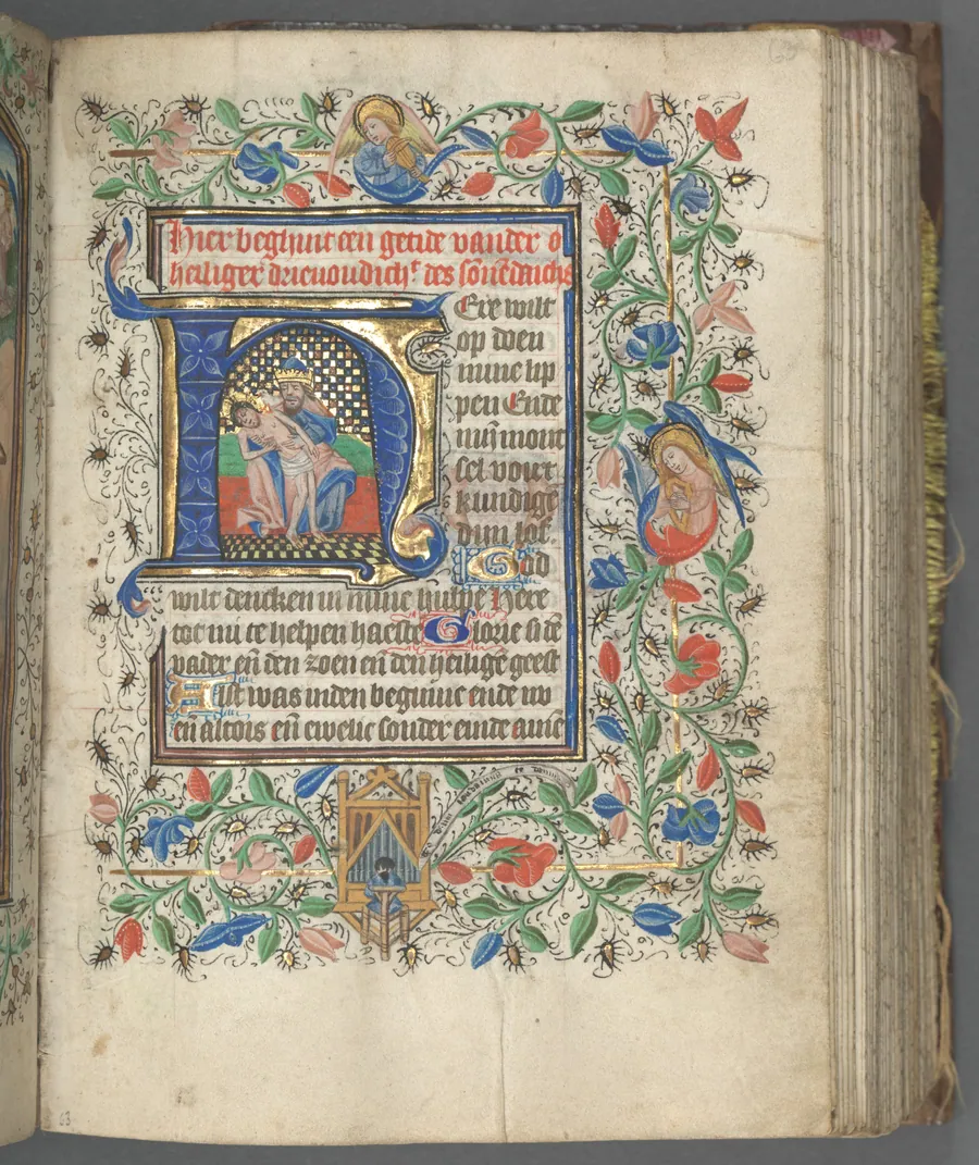 Book of Hours (Use of Utrecht): fol. 63r, Initial with Holy Trinity by Master of Gijsbrecht van Brederode