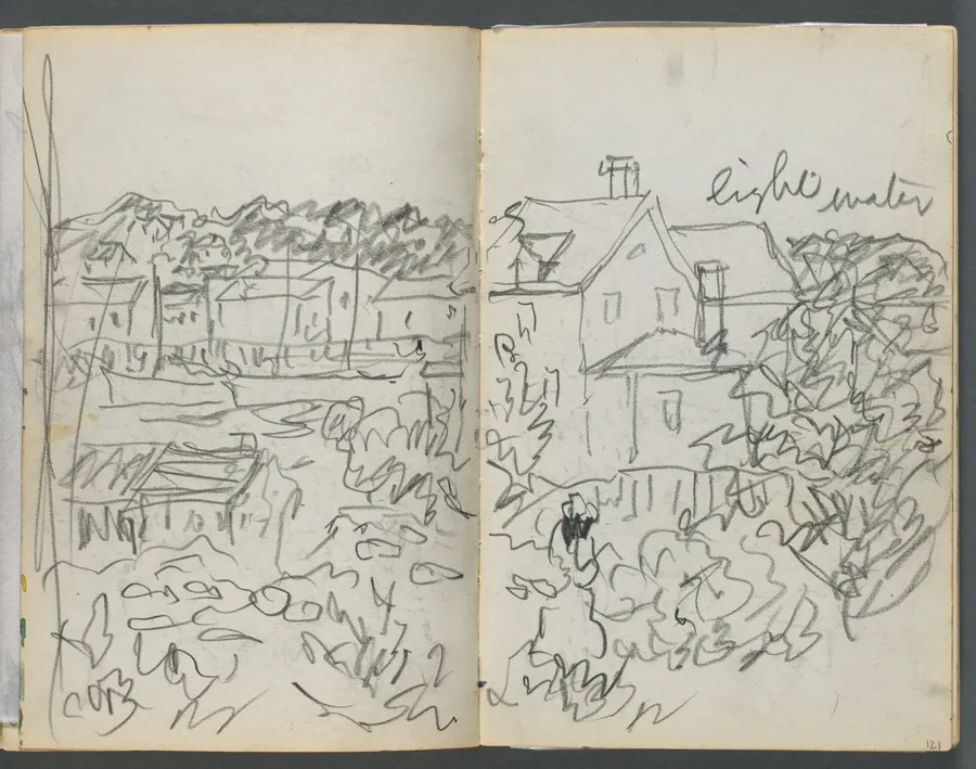 Sketchbook, The Dells, N° 127, page 120 & 121: Landscape with Houses by Maurice Prendergast
