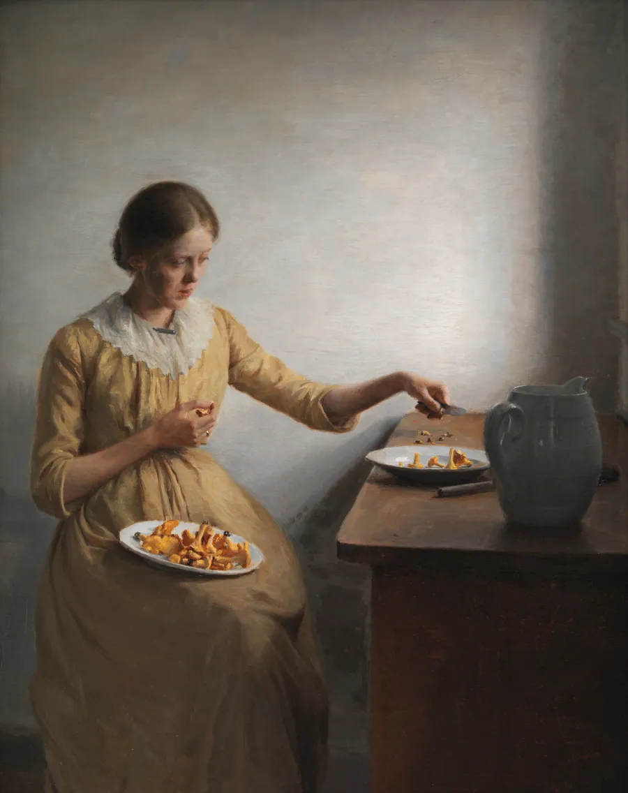 En ung pige, der renser kantareller by Peter Ilsted