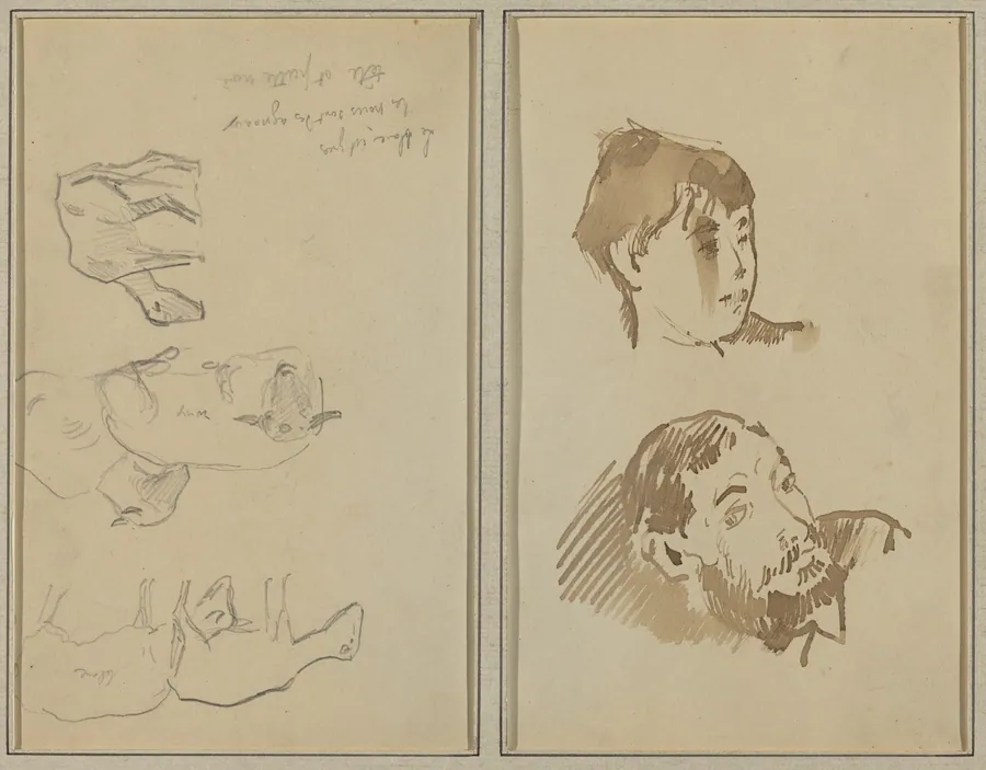 Five Sheep; Head of a Woman and Head of a Bearded Man [recto] by Paul Gauguin