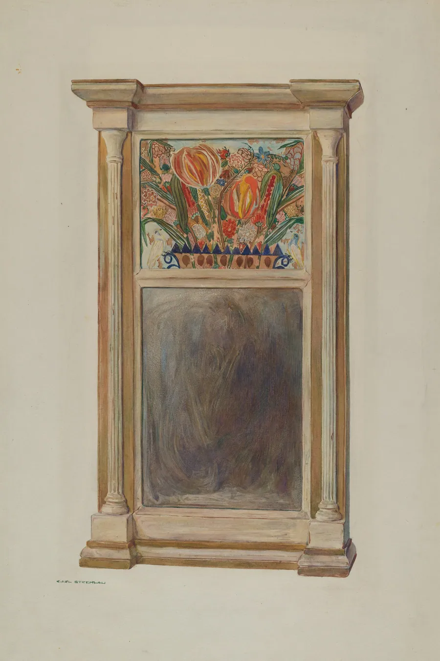 Looking Glass with Decorated Glass Panel by Carl Strehlau