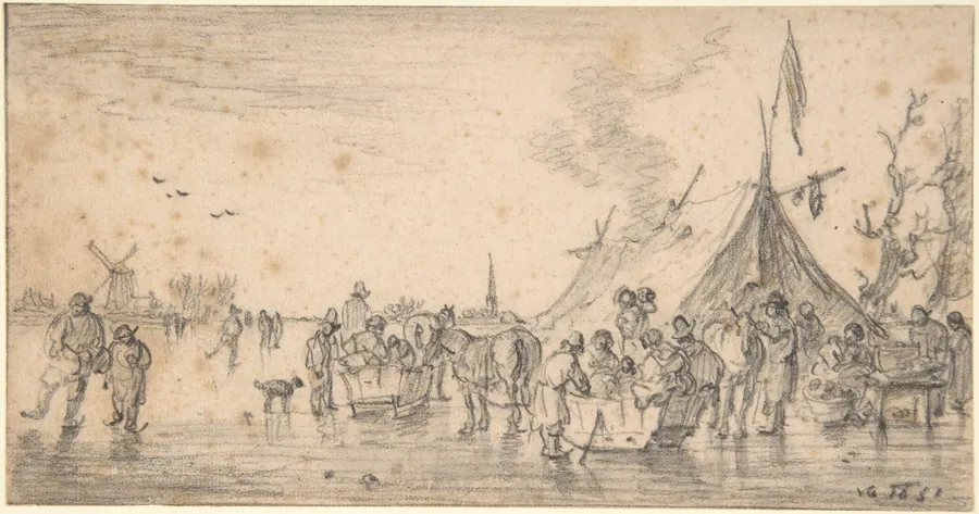 River Landscape in Winter with Figures Skating and Sleds by Jan van Goyen