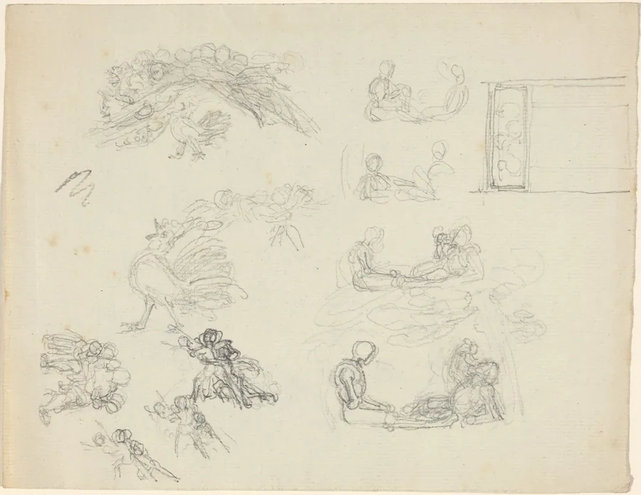 Studies of Crowing Rooster and Reclining Figures [recto and verso] by John Flaxman