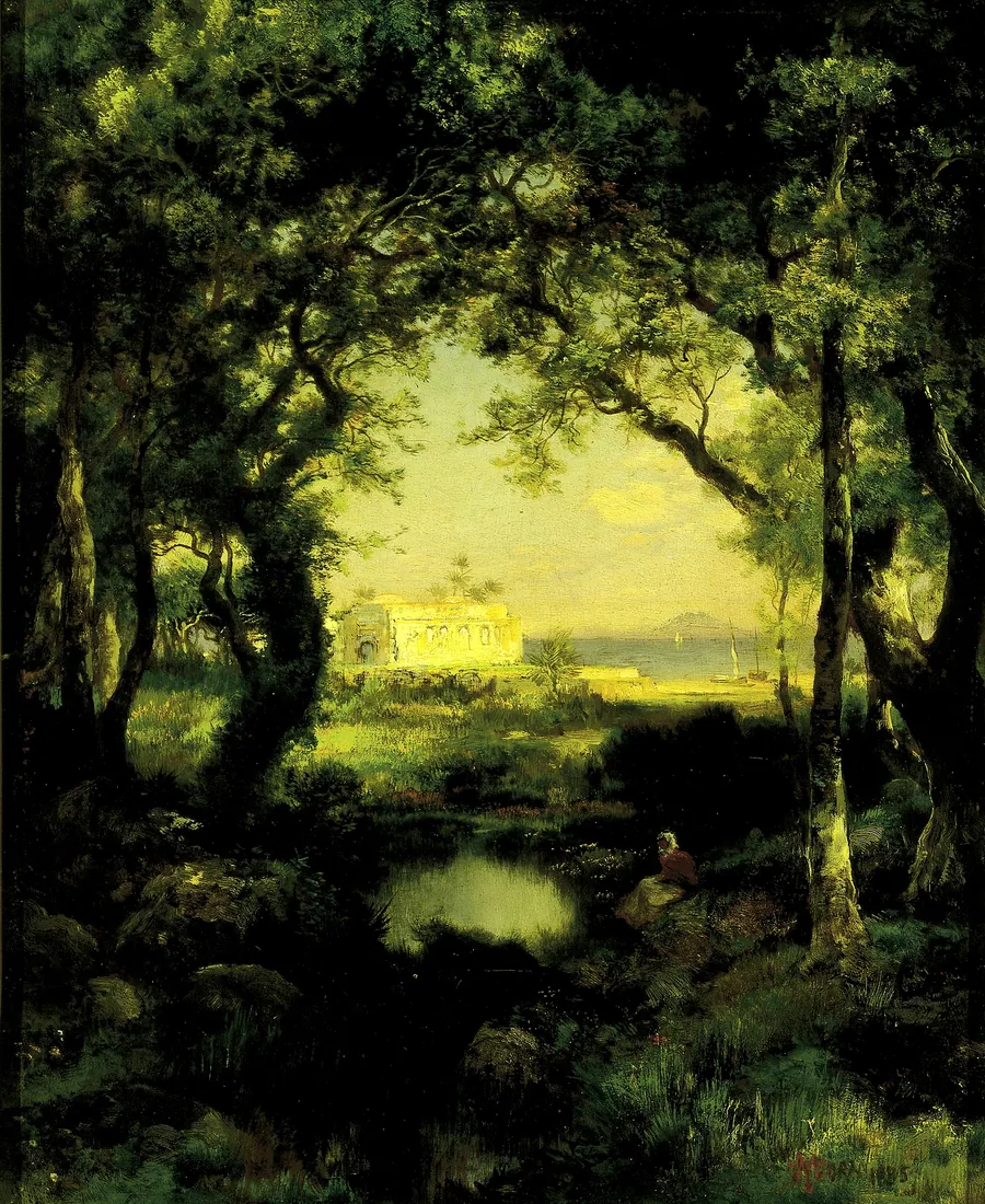 A Mexican Hacienda, Lake Cuitzeo by Thomas Moran, born Bolton, England 1837-died Santa Barbara, CA 1926