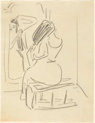 A Woman Combing Her Hair in Front of a Mirror