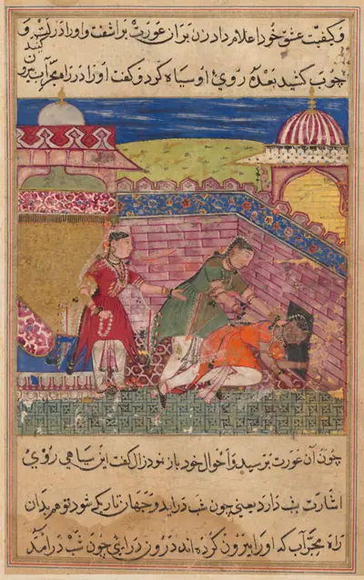 The deceitful wife ejects the procuress after blackening her face, from a Tuti-nama (Tales of a Parrot): Eighth Night