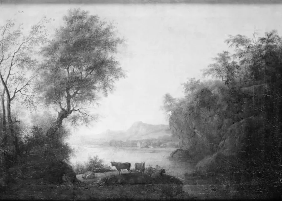 Udsigt over en sø i et bjergrigt landskab by Anthon Christoffer Rüde