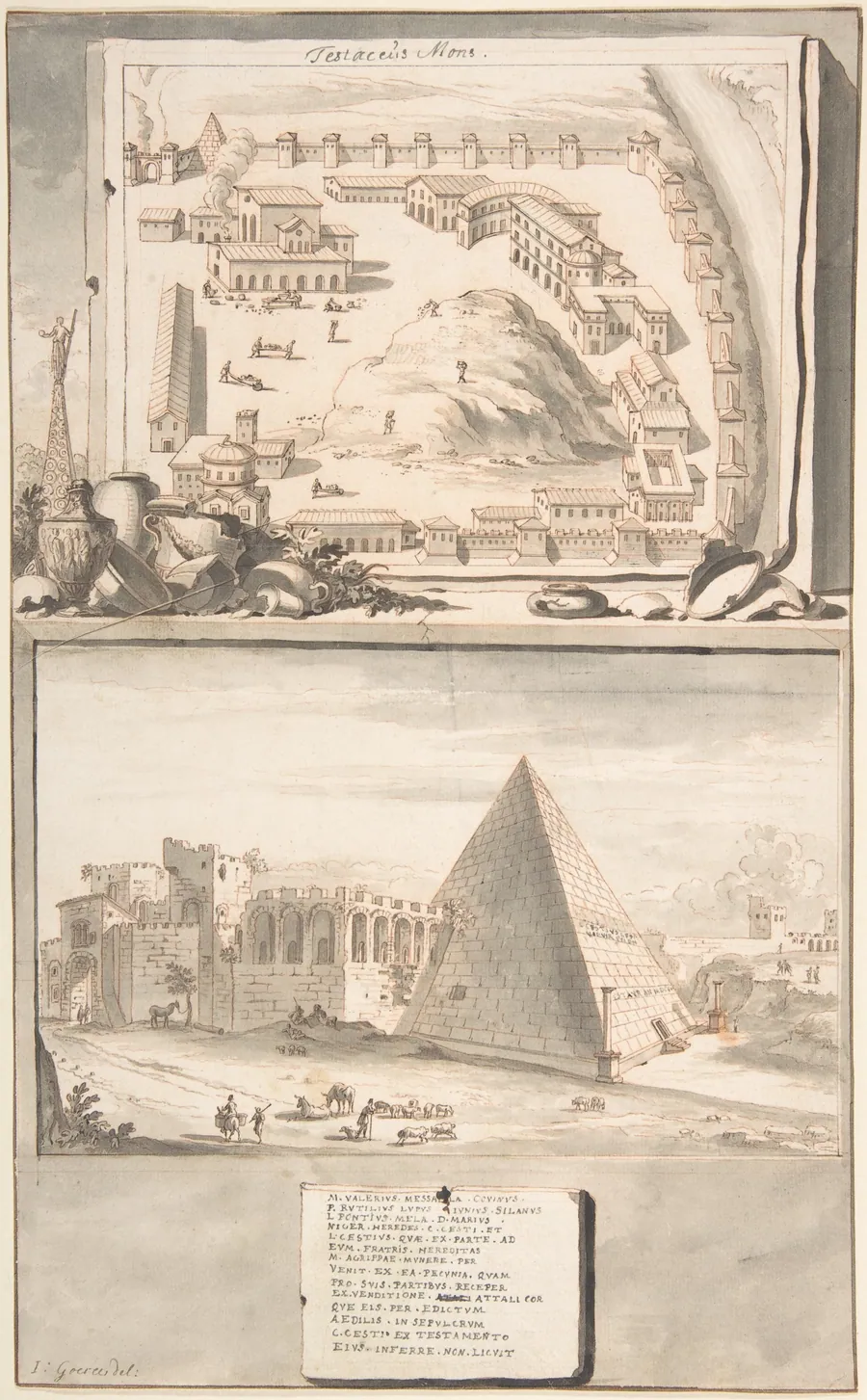 View of the Mons Testaceus (above) and the Pyramid of Cestius (below) by Jan Goeree