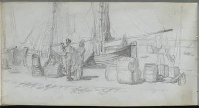 Sketchbook, page 50: Boats, Figures, Cargo on a Beach