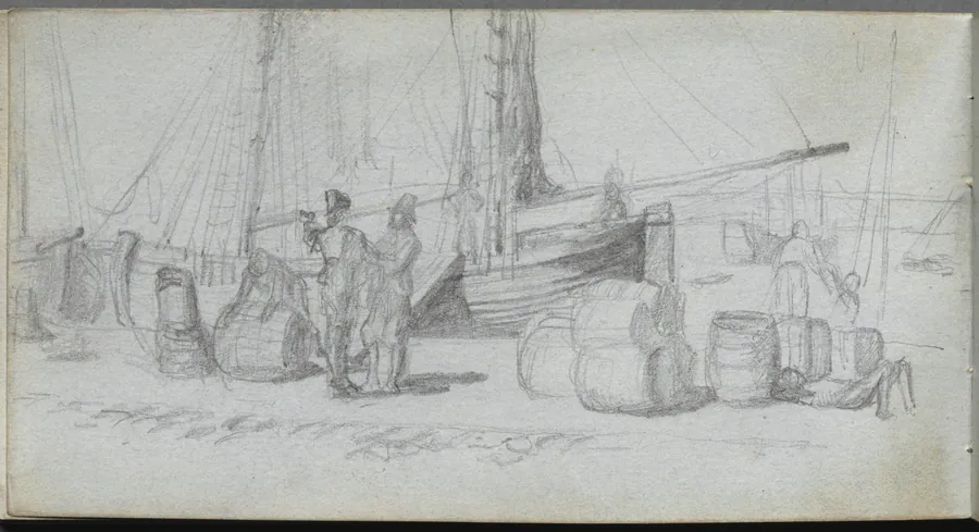 Sketchbook, page 50: Boats, Figures, Cargo on a Beach by Ernest Meissonier