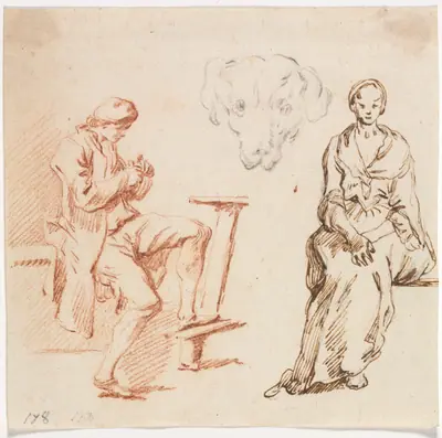 Sheet of Studies: Seated Man, Head of a Dog, Seated Woman